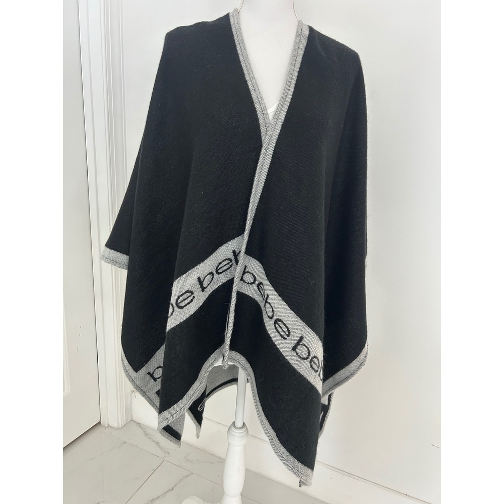 Bebe Black Grey Logo Knit Poncho Wrap Open Front One Size OSFM